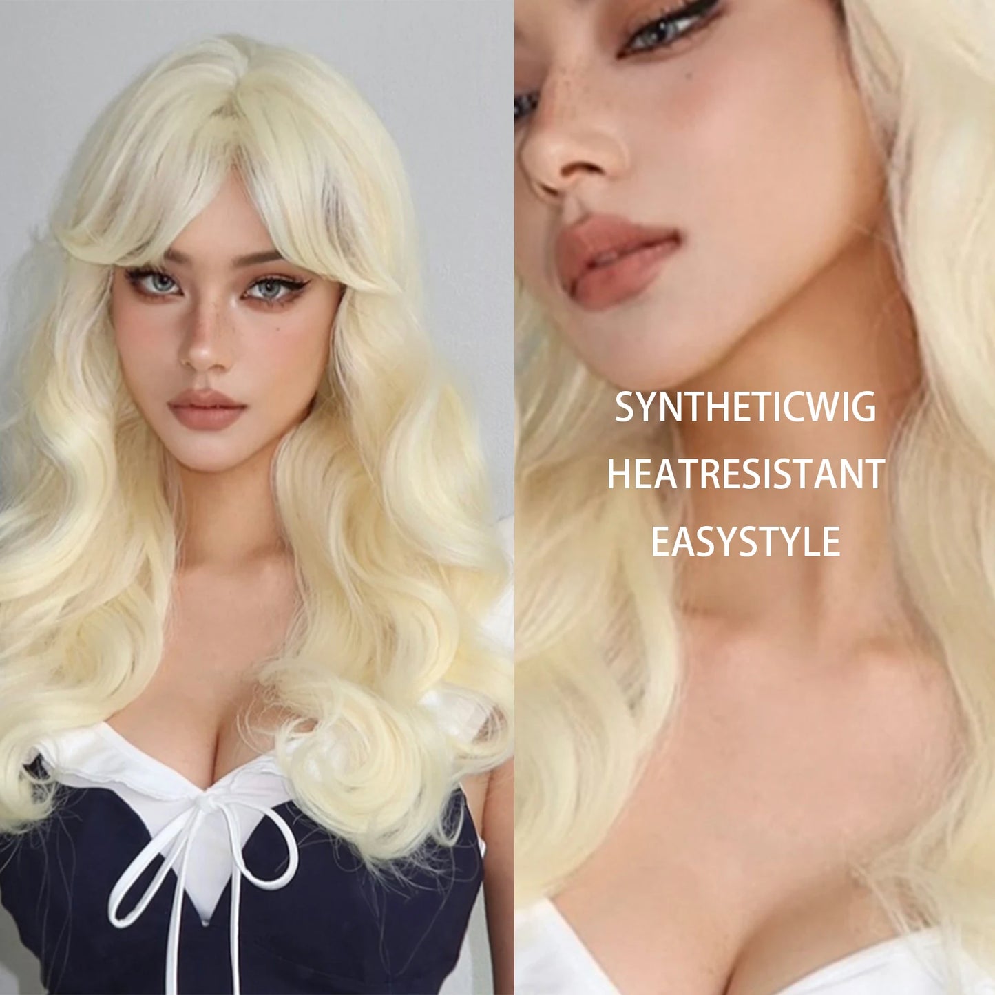 Blonde Ginger Yellow Lolita Cosplay Synthetic Wigs Long Curly Wavy Natural Hair with Bangs for Women Party Heat Resistant Wig