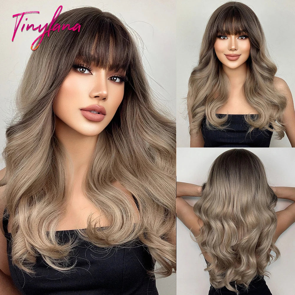 Blonde Ginger Yellow Lolita Cosplay Synthetic Wigs Long Curly Wavy Natural Hair with Bangs for Women Party Heat Resistant Wig