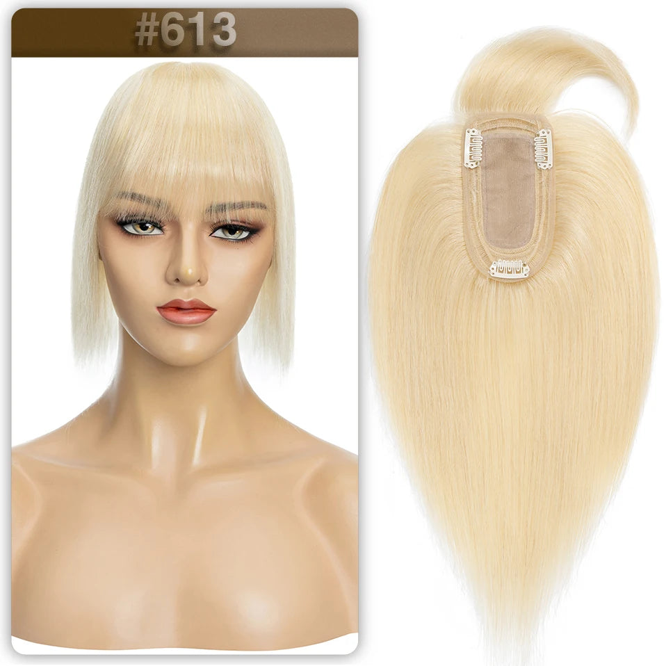 S-noilite Women Toppers Hair With Bangs Human Hair 7x13cm Silk Base Hair Cilp Wig Clip In Hair Extensions Hairpiece Natutal Hair