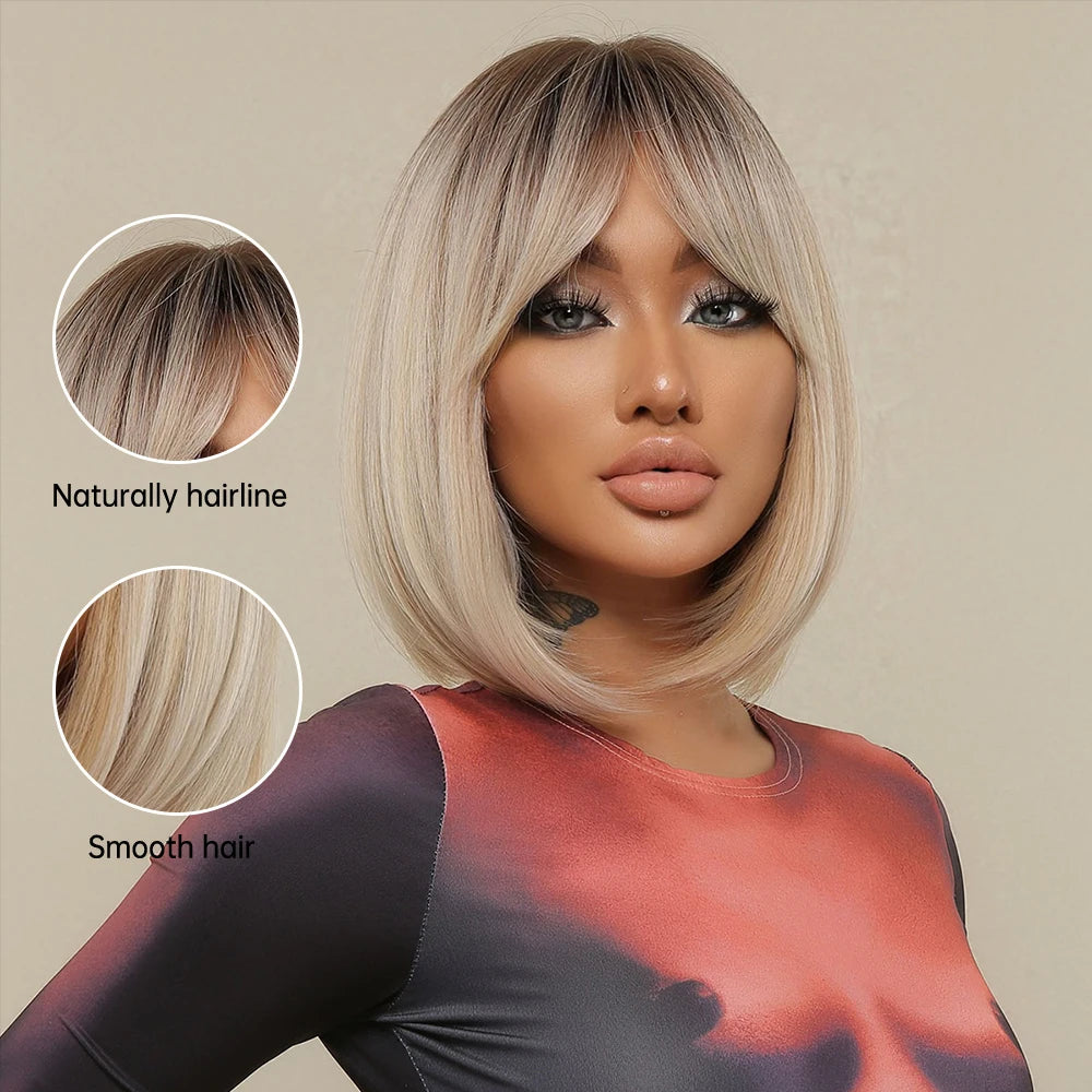 ALAN EATON Platinum Blonde Synthetic Wigs for Women Hihlight Short Straight Bob Wig with Bangs Daily/Party Hair Heat Resisitant