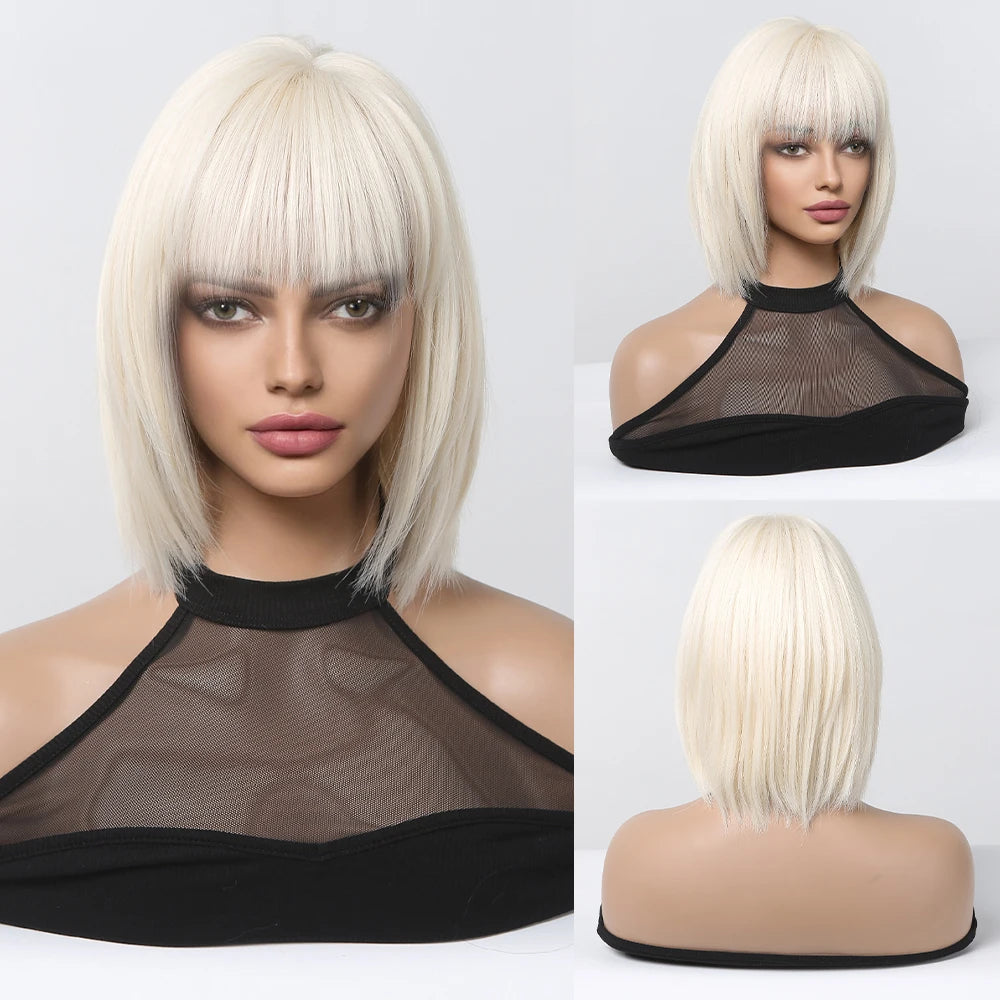 LOUIS FERRE Blonde Short Bob Wigs with Bangs Heat Resistant Synthetic Daily Cosplay Ombre Blonde Hair Wigs for White/Black Women