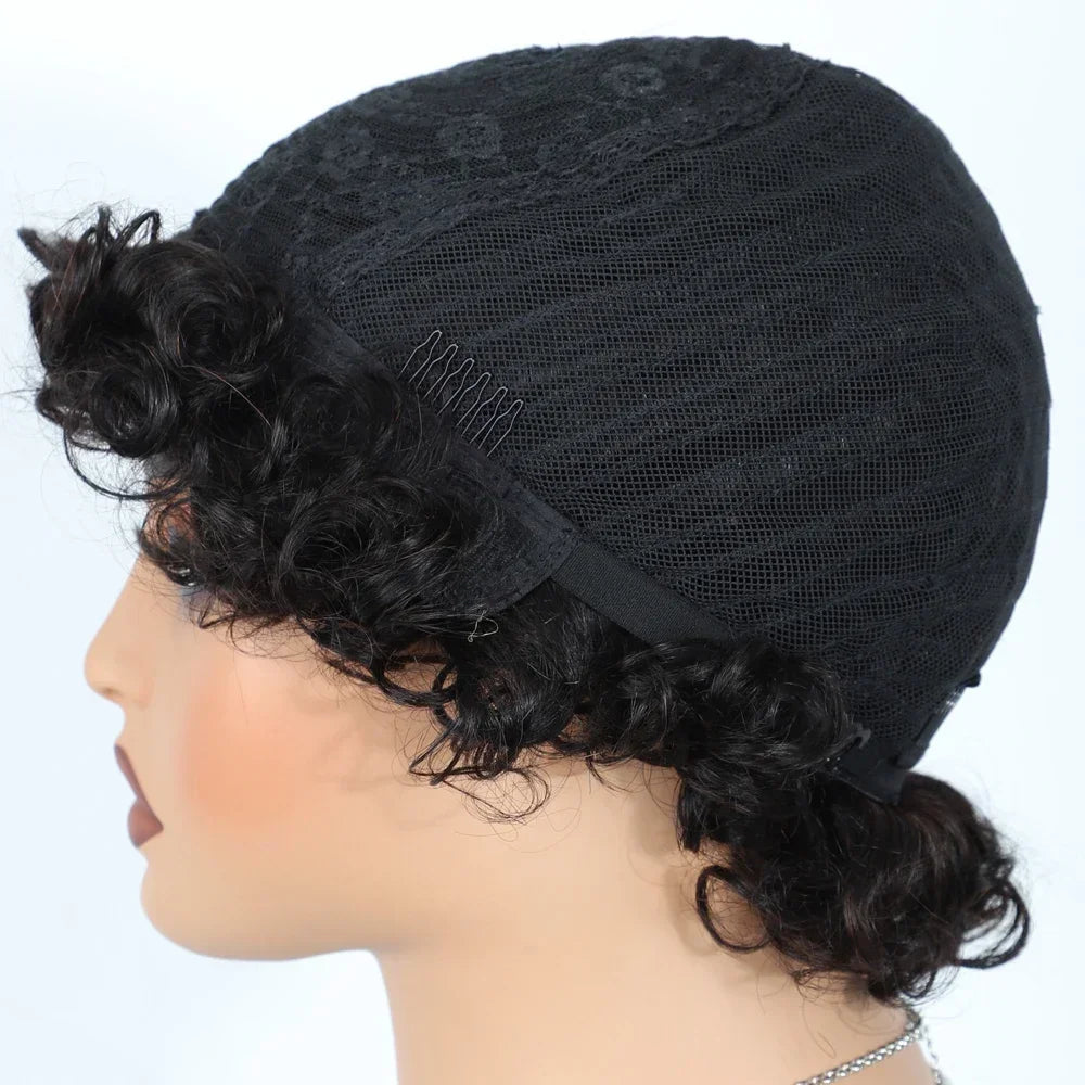 Brazilian Afro Puff Pixie Bob Wig 99J Natural Brown Full Machine Made Pre-Plucked Bangs 100% Human Hair For Black Women