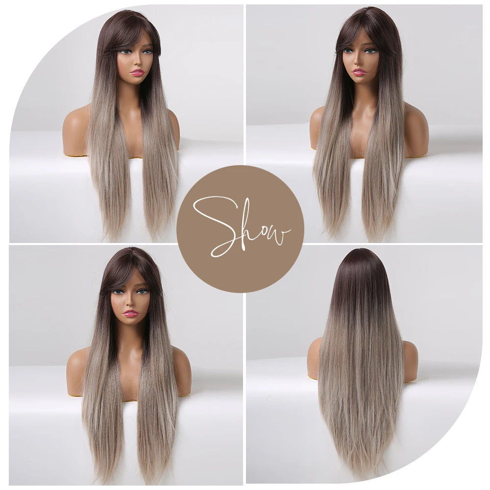 Ombre Gray Brown Synthetic Wigs Long Straight Ash Cosplay Wig with Bangs for Women Afro Natural Party Daily Heat Resistant Hair