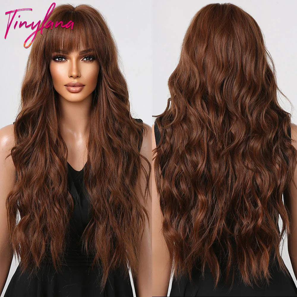 Long Wavy Gray Ash Brown Blonde Ombre Synthetic Wigs with Bangs Cosplay Natural Curly Hair Wig for Women Afro Heat Resistant