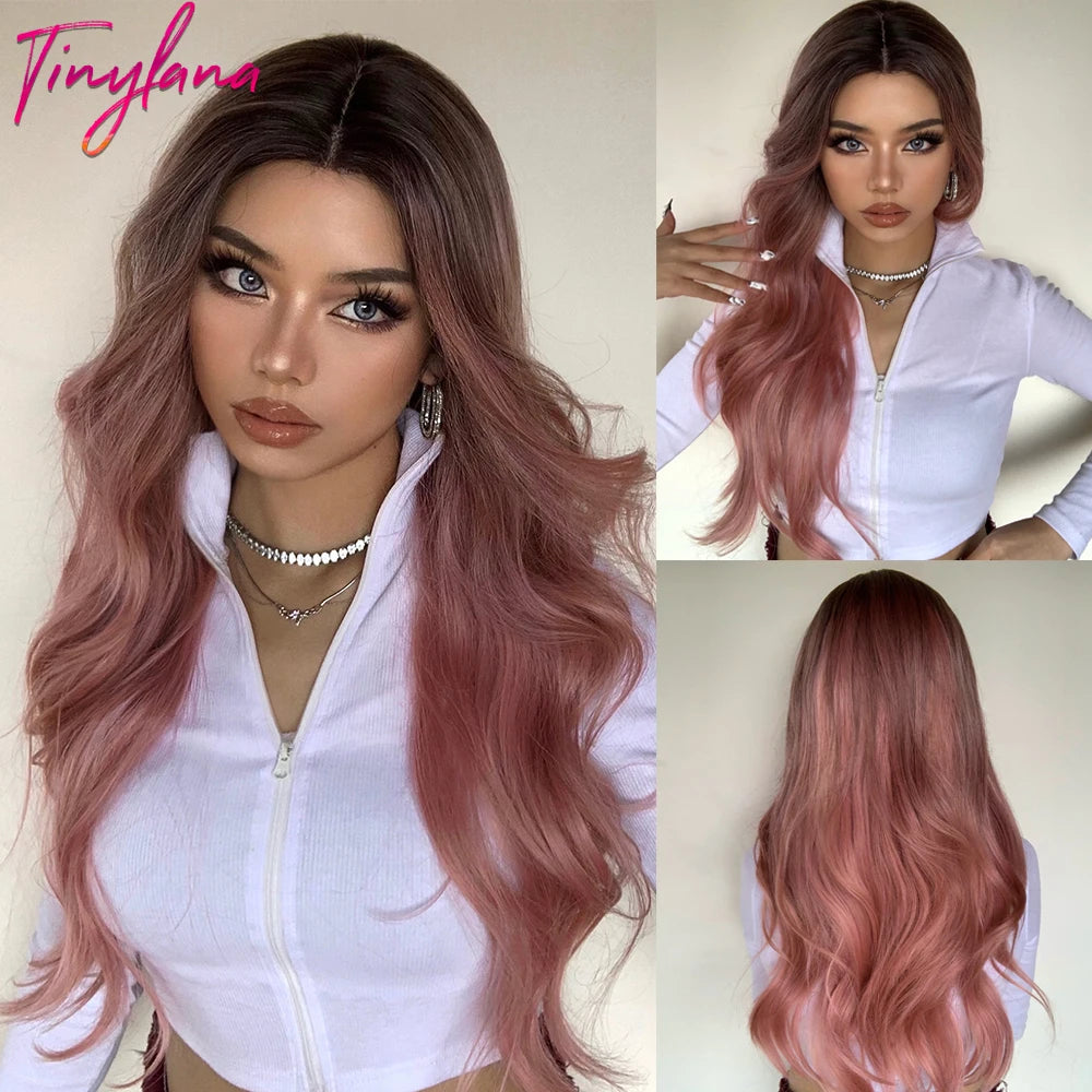 Pink Red Long Curly Wavy Synthetic Wigs Lolita Cosplay Hair With Bangs for Women Natural Water Wave Party Heat Resistant Wig