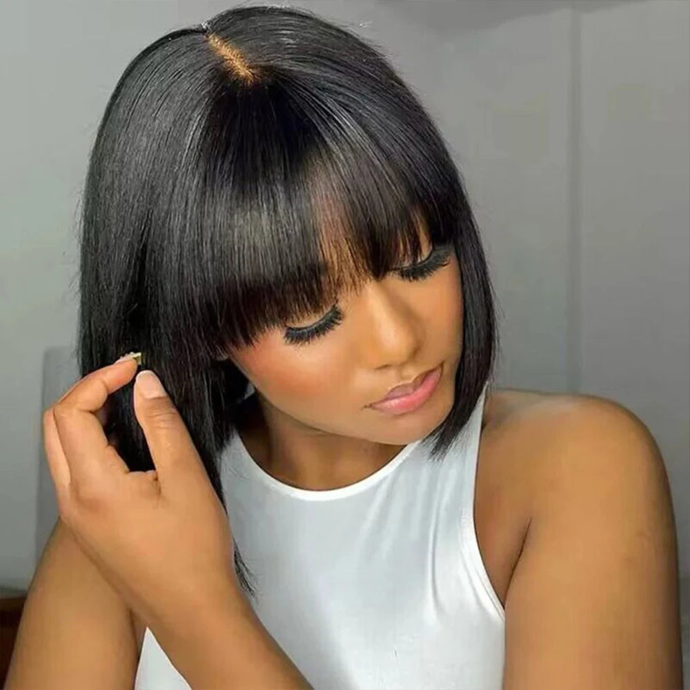 3X1 Straight Bob Wig With Bangs Full Fringe Machine Made Glueless Ready-to-Wear 30 Inch Brazilian Wig Human Hair Wig For Women