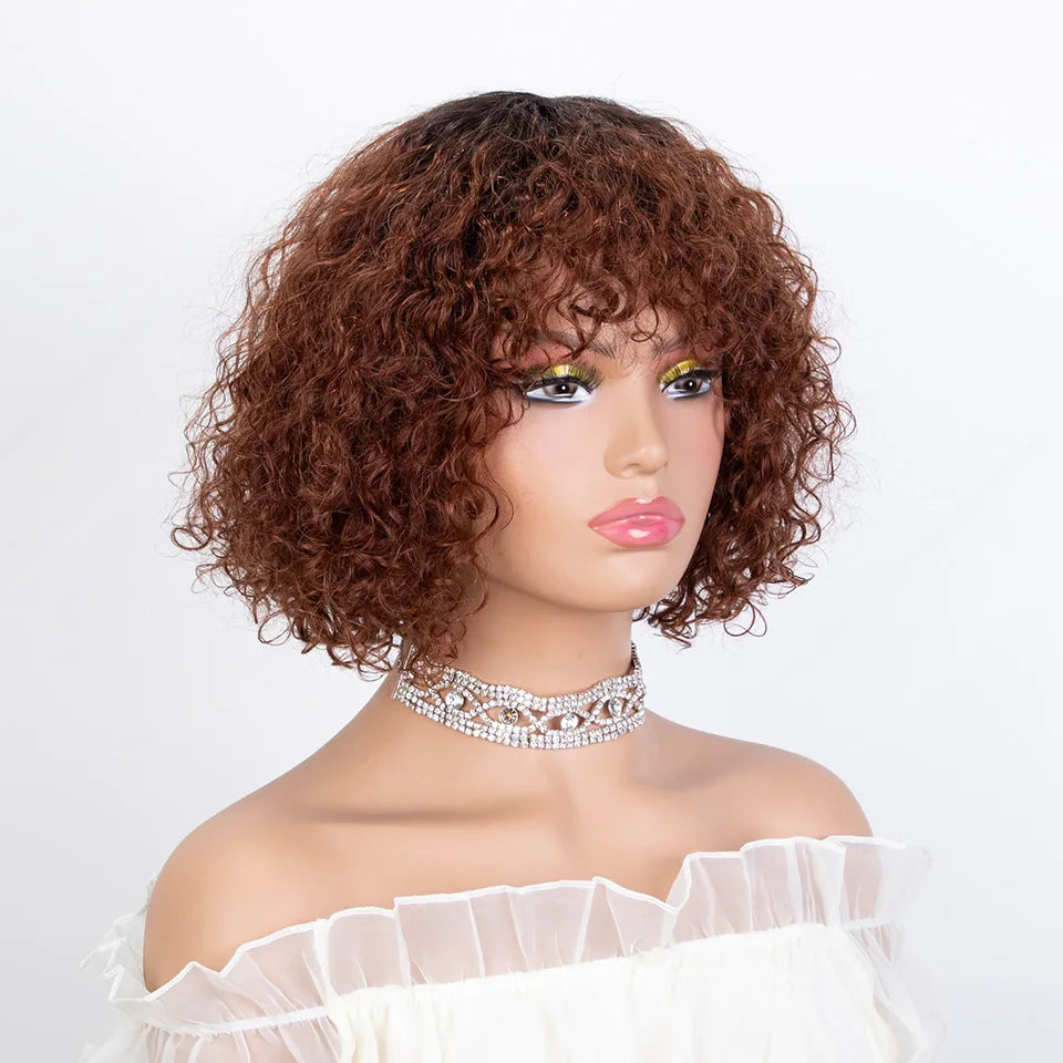 Jerry Curly Short Bob Human Hair Wigs With Bangs Wear To Go Glueless Wig Ombre 99J Water Wave Blonde Colored Wig For Women