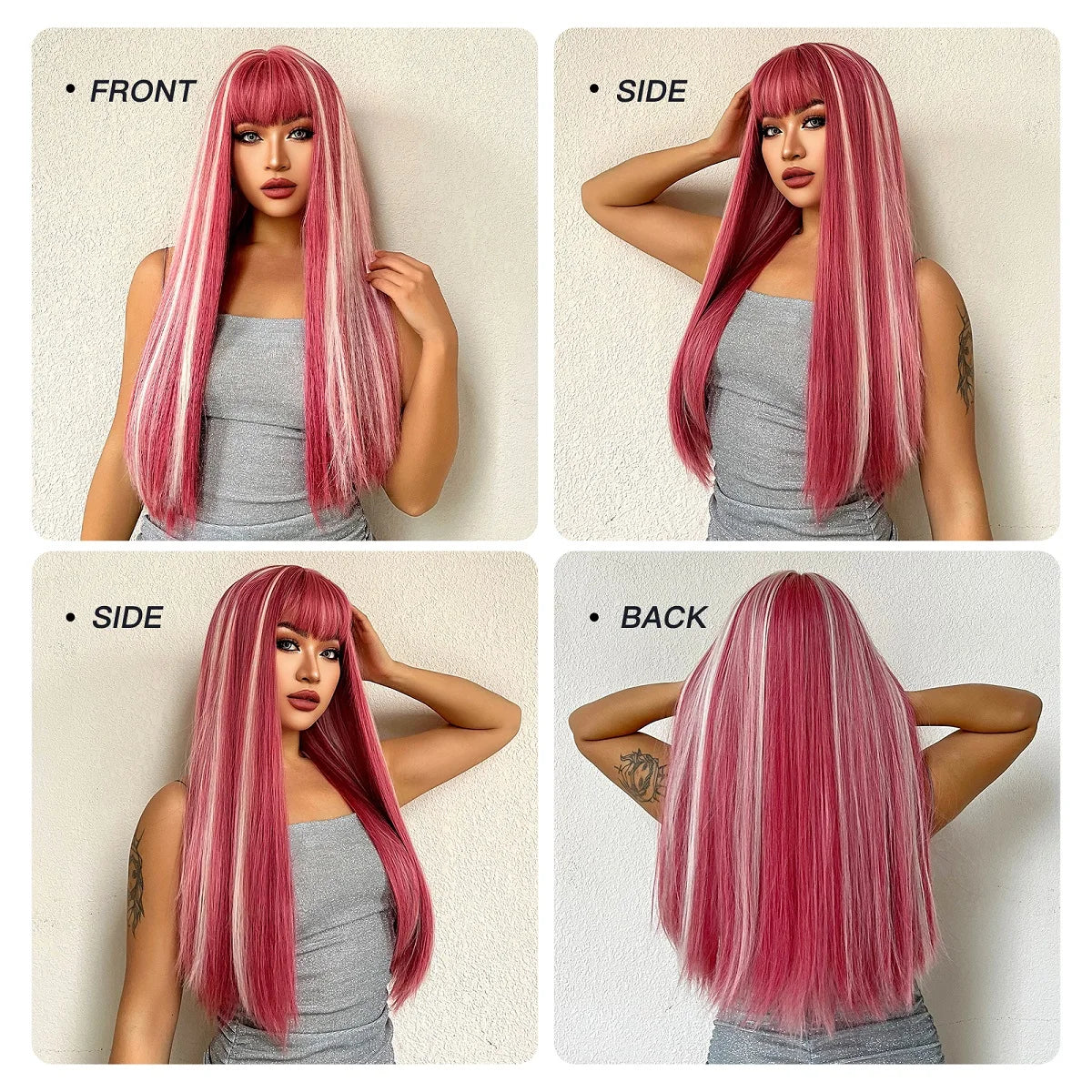 Long Straight Pink Mixed White Synthetic Wigs with Bangs Halloween Cosplay Colorful Wigs for Women Natural Hair Heat Resistant