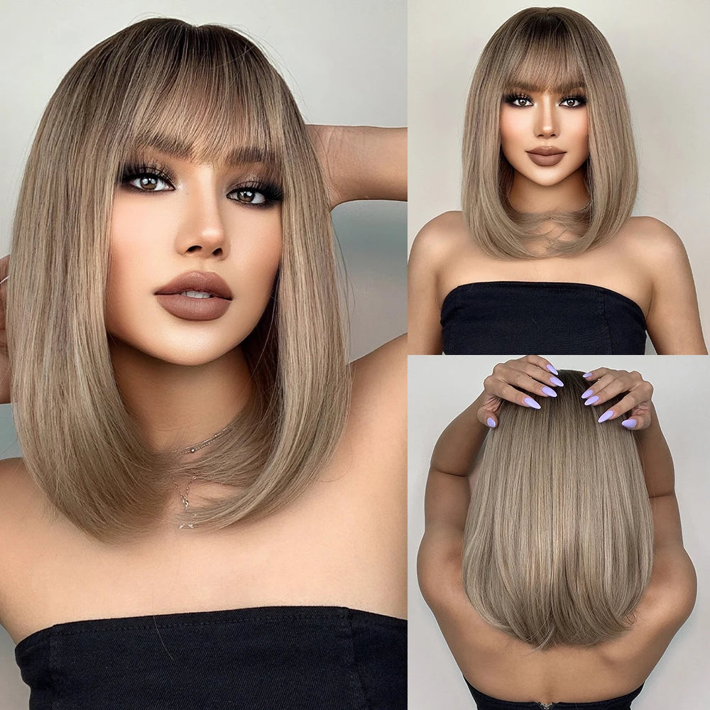 HENRY MARGU Brown Short Bob Straight Wigs with Pink Highlight Women Brown Daily Wig Synthetic Hair Wig with Bangs Heat Resistant