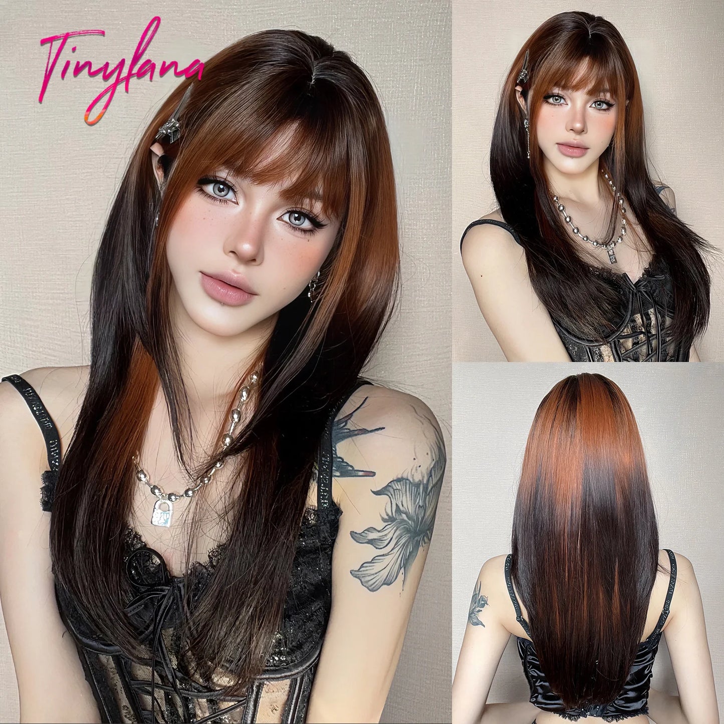 Long Straight Black Purple Synthetic Wig with Bangs Purple Ombre Cosplay Layered Wig for Women Party Heat Resistant Natural Hair