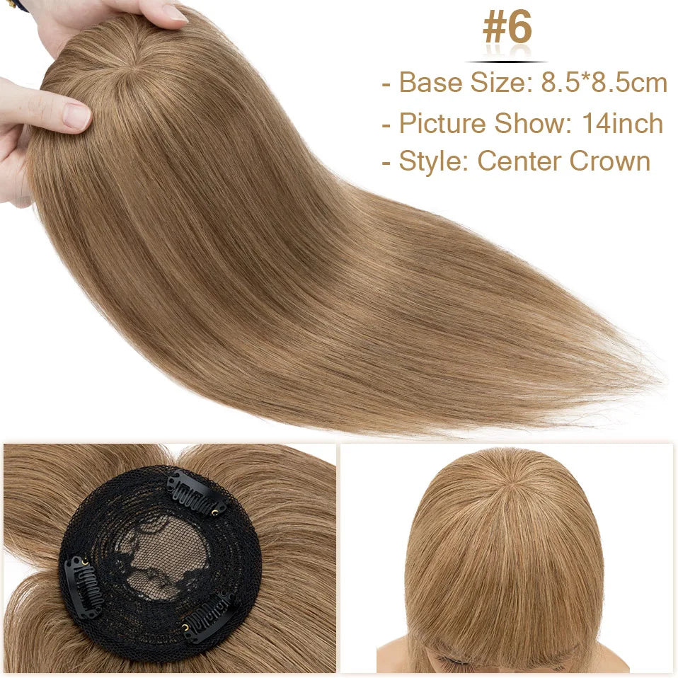 S-noilite 8.5x8.5cm Hair Topper Human Hair Cilp Center Crown Wig With Bangs Clip In Natural Hair Extension Hair Vortex Hairpiece