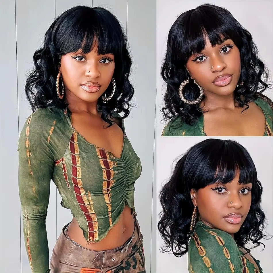 Body Wave Short Bob Human Hair Wig With Bangs Glueless Full Machine Made Wig For Women Brazilian Water Wave Bob Wig With Bangs