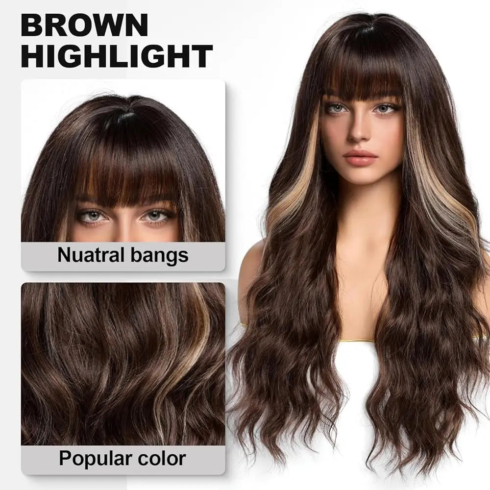 Dark Brown Synthetic Wigs with Bangs Long Curly Wavy Brown Wigs with Blonde Highlights for Afro Women Daily Party Heat Resistant