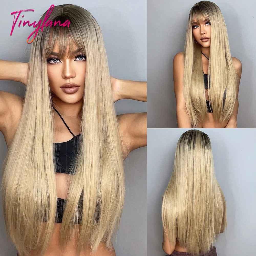 Ombre Gray Brown Synthetic Wigs Long Straight Ash Cosplay Wig with Bangs for Women Afro Natural Party Daily Heat Resistant Hair