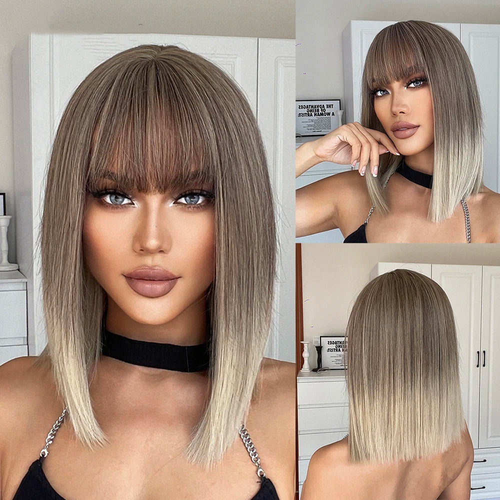 HENRY MARGU Brown Short Bob Straight Wigs with Pink Highlight Women Brown Daily Wig Synthetic Hair Wig with Bangs Heat Resistant