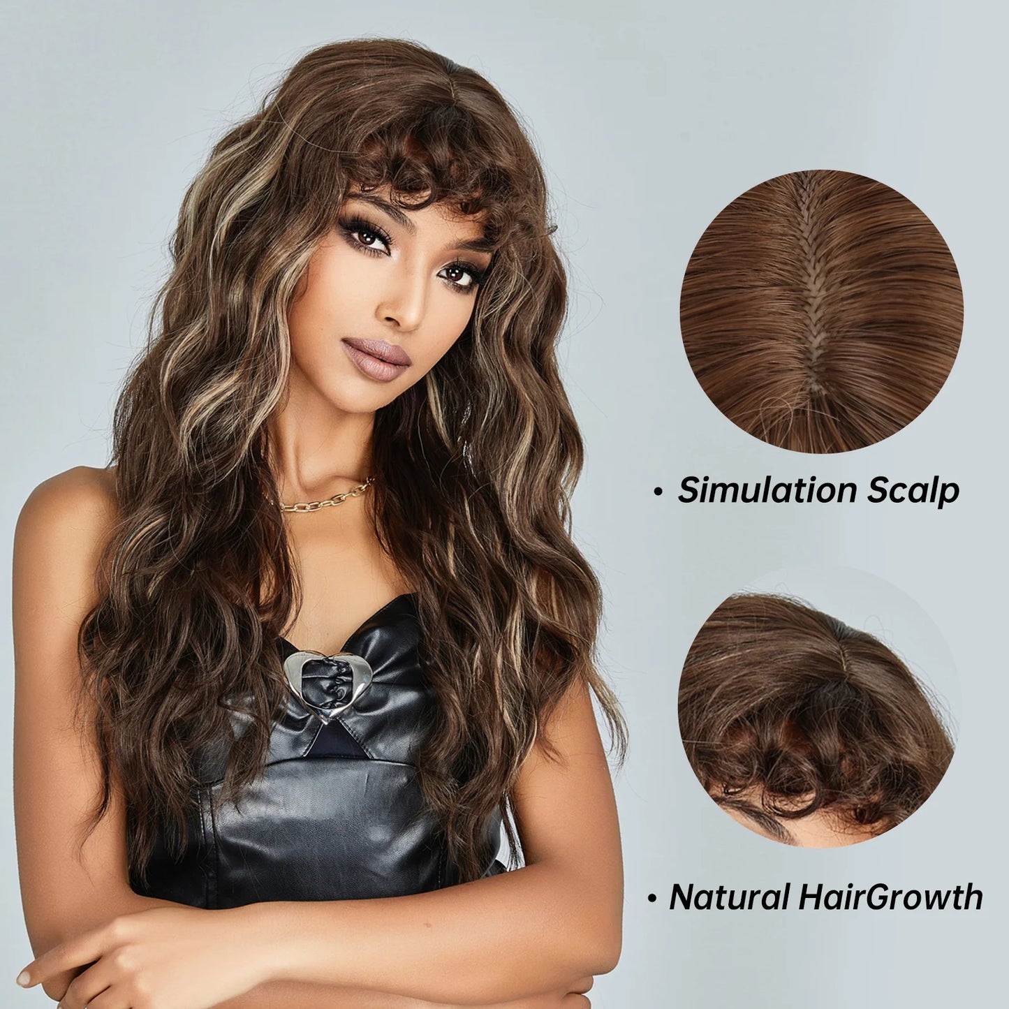 EASIHAIR Brown Black Kinky Curly Wave Synthetic Wigs with Bangs Deep Wave Long Hair Wigs for Women Daily Cosplay Heat Resistant