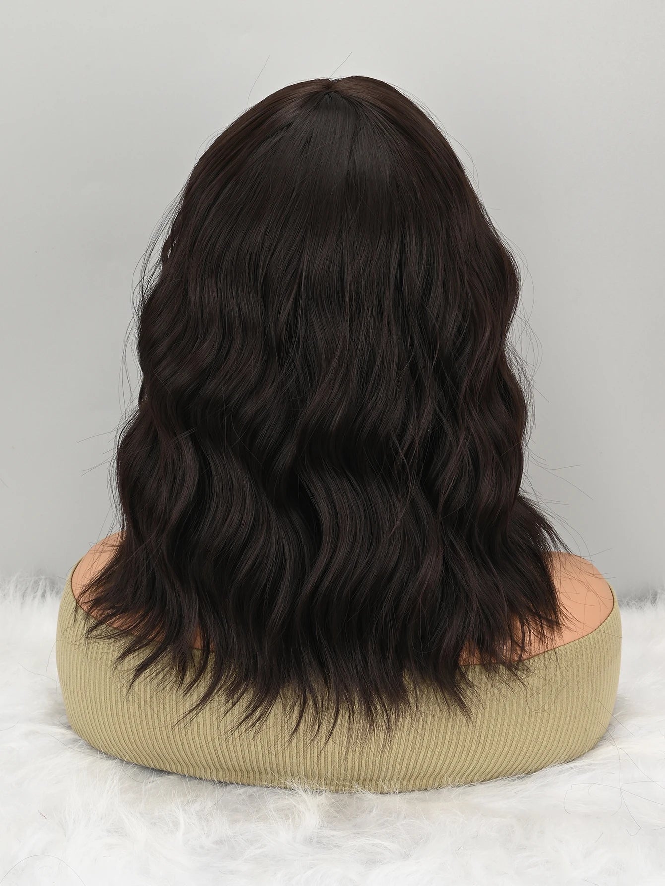 Natural Brown Synthetic Curly Wavy Bob Wig with Bangs for Women