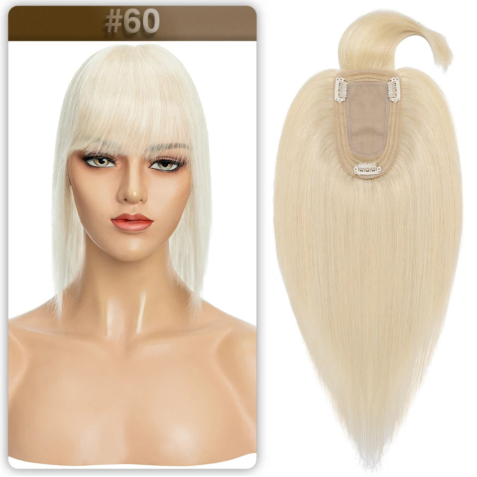 S-noilite Women Toppers Hair With Bangs Human Hair 7x13cm Silk Base Hair Cilp Wig Clip In Hair Extensions Hairpiece Natutal Hair