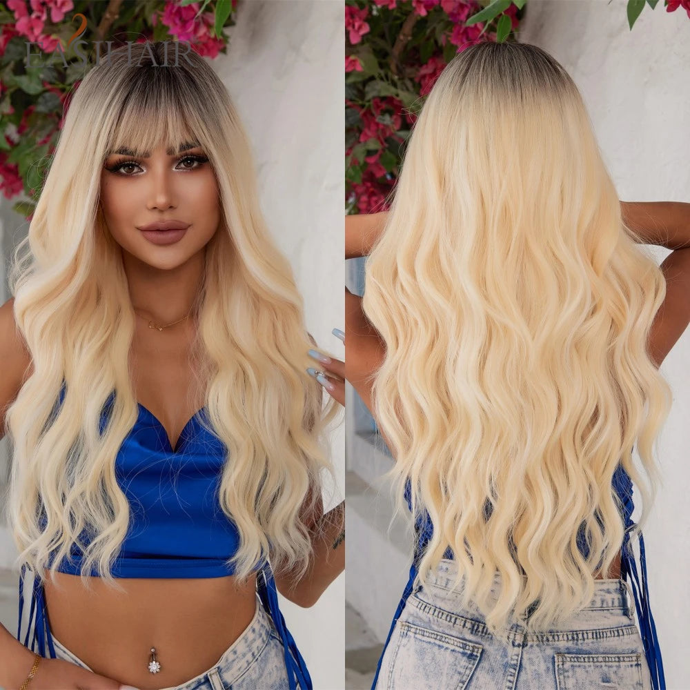 EASIHAIR Sandy Blonde Golden Wavy Synthetic Wigs with Long Bangs Cosplay Lolita Party Hair Wigs for Women Natural Heat Resistant