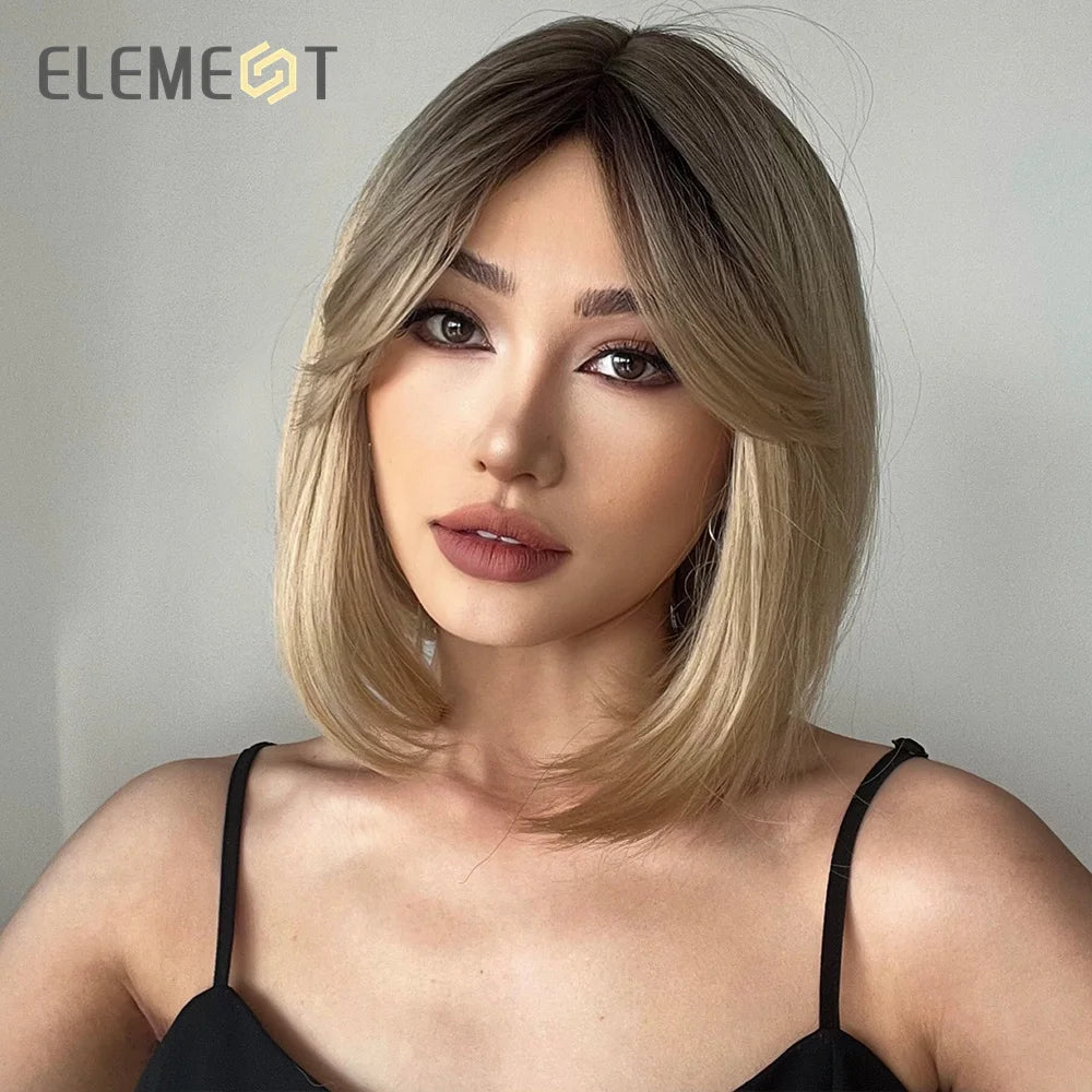 ELEMENT Synthetic Short Straight Wig Black Ombre Blonde Bob Wigs with Bangs for Women Cosplay Party Daily Hair Headband