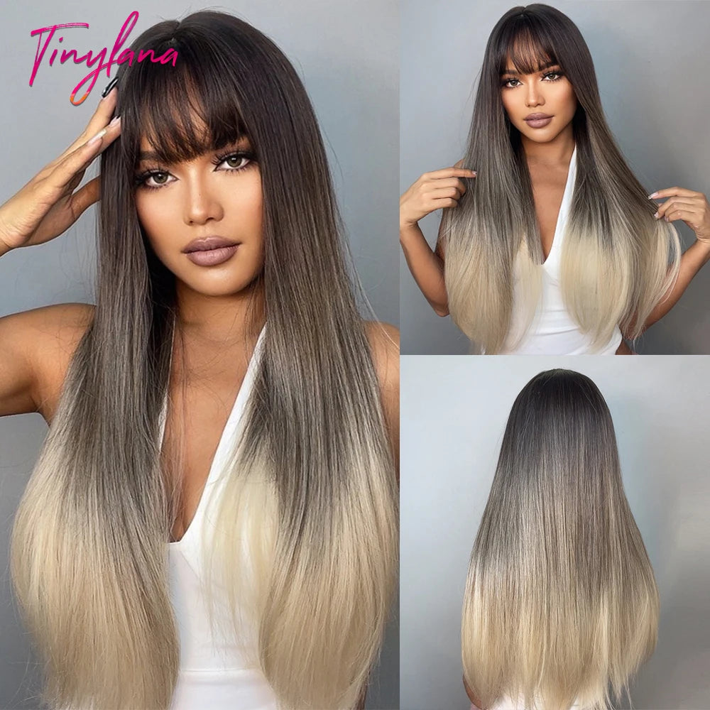 Ombre Gray Brown Synthetic Wigs Long Straight Ash Cosplay Wig with Bangs for Women Afro Natural Party Daily Heat Resistant Hair