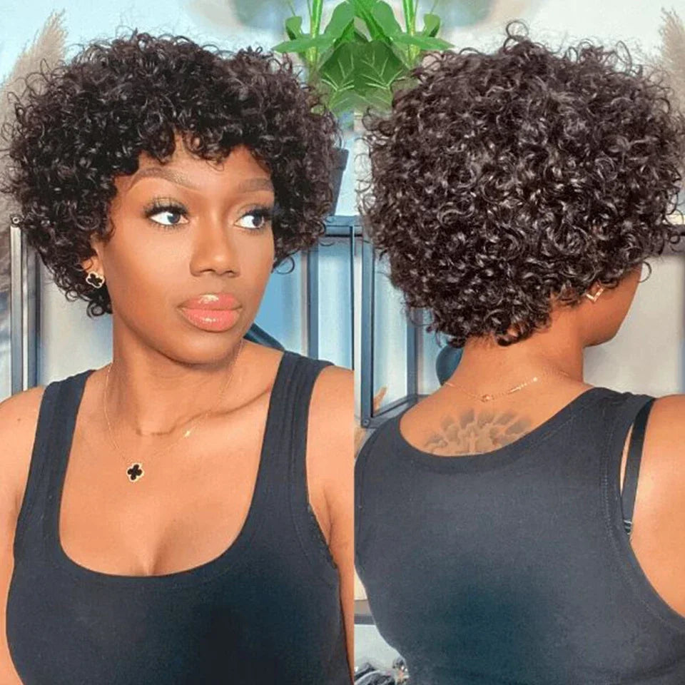 Brazilian Afro Puff Pixie Bob Wig 99J Natural Brown Full Machine Made Pre-Plucked Bangs 100% Human Hair For Black Women