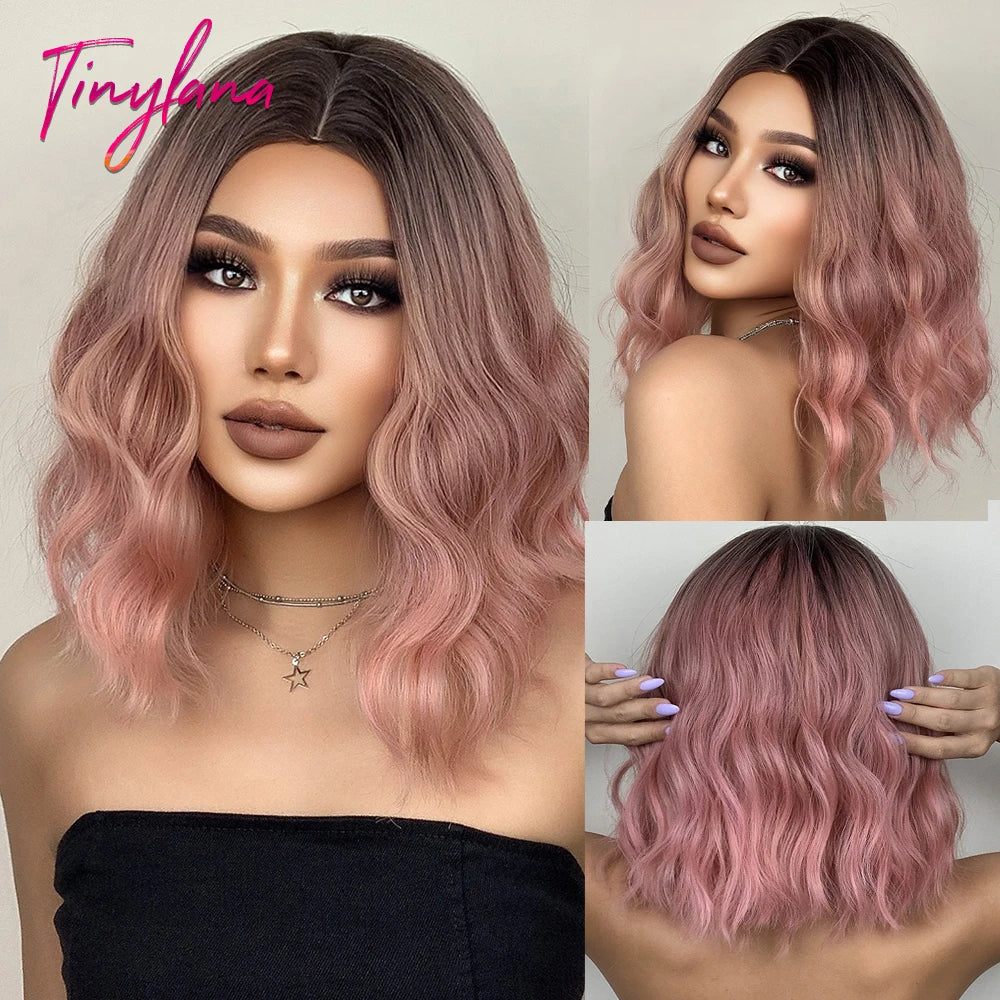 Gray Purple Pink Short Bob Synthetic Wigs with Bangs Curly Cosplay Ombre Wig for Women Afro Natural Wave Heat Resistant Hair