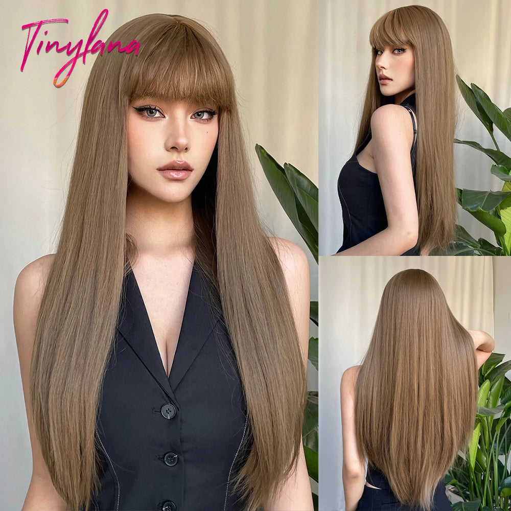 Long Straight Pink Mixed White Synthetic Wigs with Bangs Halloween Cosplay Colorful Wigs for Women Natural Hair Heat Resistant