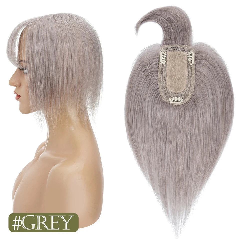 TESS Women Topper 7x12.5cm Hair Toppers With Bangs Natural Hair Wig Human Hair Silk Base Center Part Hair Clip In Hair Extension