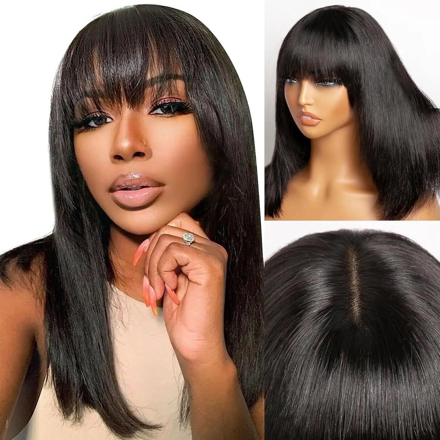 Glueless Straight Human Hair Wig With Bangs Short Bob Wig Human Hair Pre Plucked Brazilian Black Hair For Women Ready To Wear