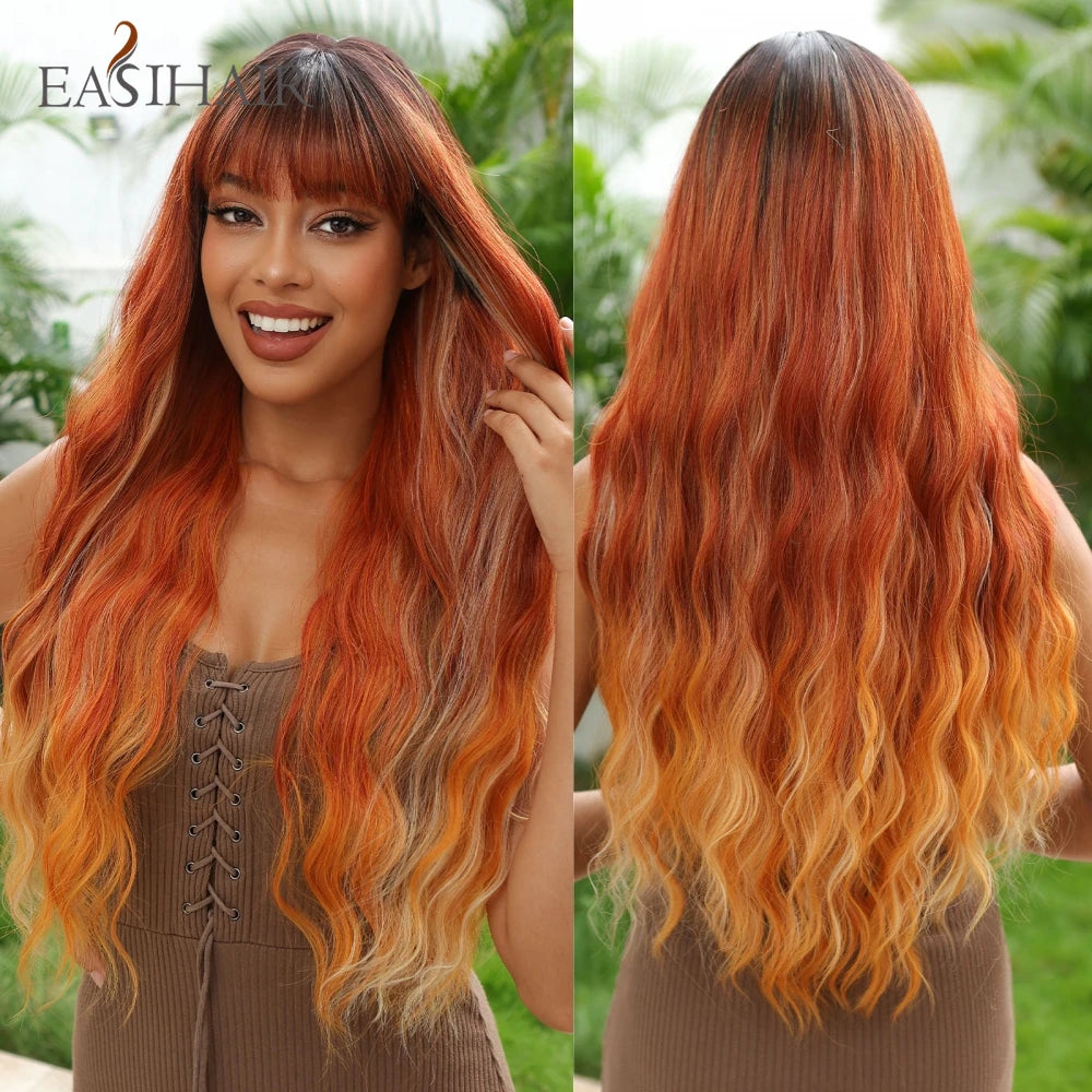 Dark Brown Synthetic Wigs with Bangs Long Curly Wavy Brown Wigs with Blonde Highlights for Afro Women Daily Party Heat Resistant