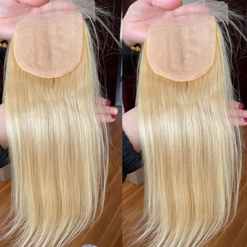 Brazilian Virgin Human Hair Lace Closure For Women Silk Base Top Straight Natural Blonde, Free Part Closure 4x4 "#613 Color