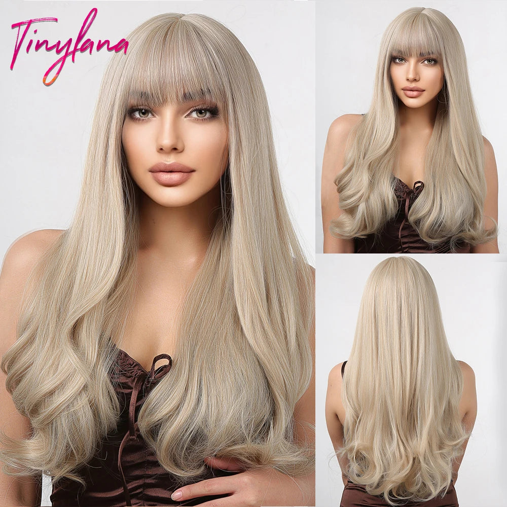 Long Wavy Gray Ash Brown Blonde Ombre Synthetic Wigs with Bangs Cosplay Natural Curly Hair Wig for Women Afro Heat Resistant