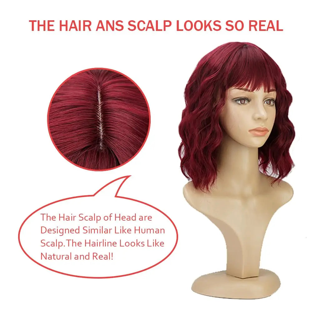 Natural Brown Synthetic Curly Wavy Bob Wig with Bangs for Women