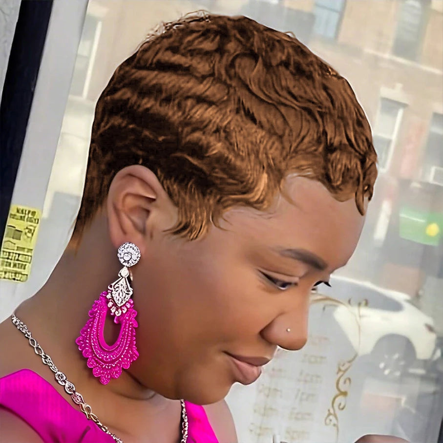 Short Pixie Cut Straight Human Hair Wig Machine Made with Pre-Styled Bangs Tangle-Free Natural Hairline for Women