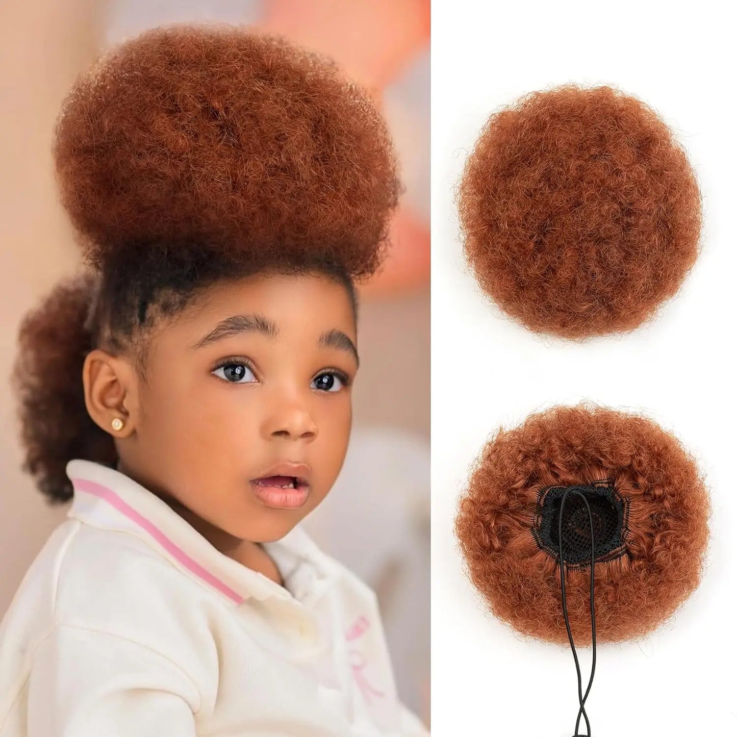 100% Human Hair Afro Puff Drawstring Ponytail Short Curly Afro Bun Hair Extension Natural Black 1B# Hairpiece with Two Clips