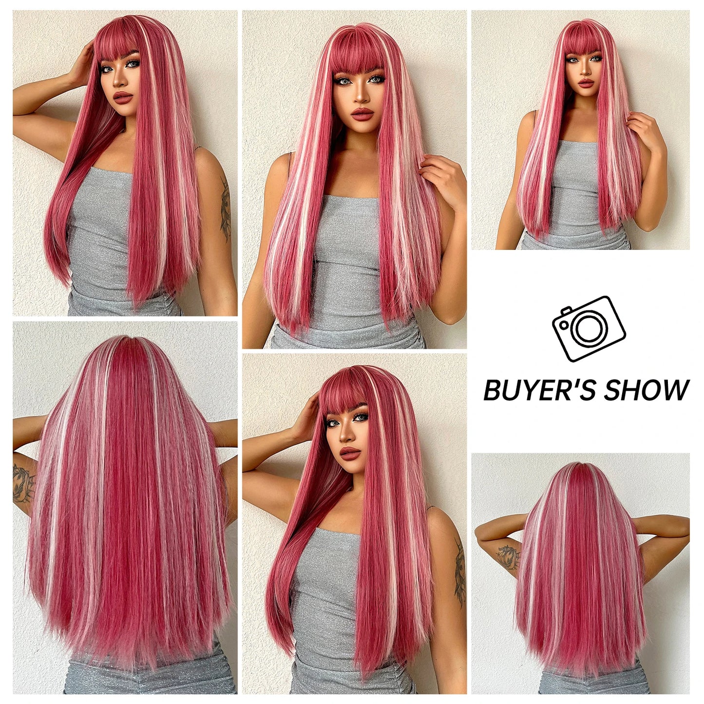 Long Straight Pink Mixed White Synthetic Wigs with Bangs Halloween Cosplay Colorful Wigs for Women Natural Hair Heat Resistant