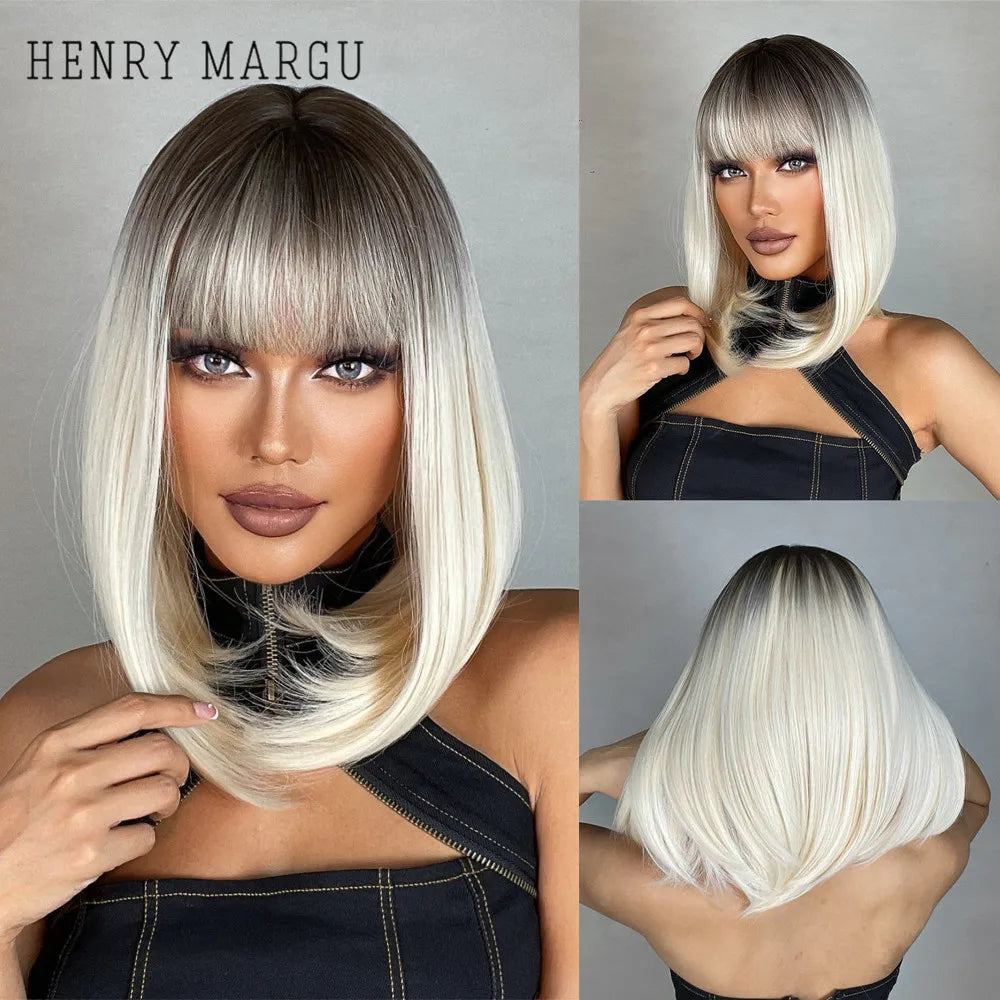 HENRY MARGU Brown Short Bob Straight Wigs with Pink Highlight Women Brown Daily Wig Synthetic Hair Wig with Bangs Heat Resistant