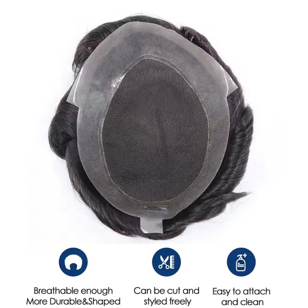 100% Human Hair Mens Capillary Prosthesis Lace with PU Toupee for Men Wig Replacement System Male Wig Hairpiece 7x9inch