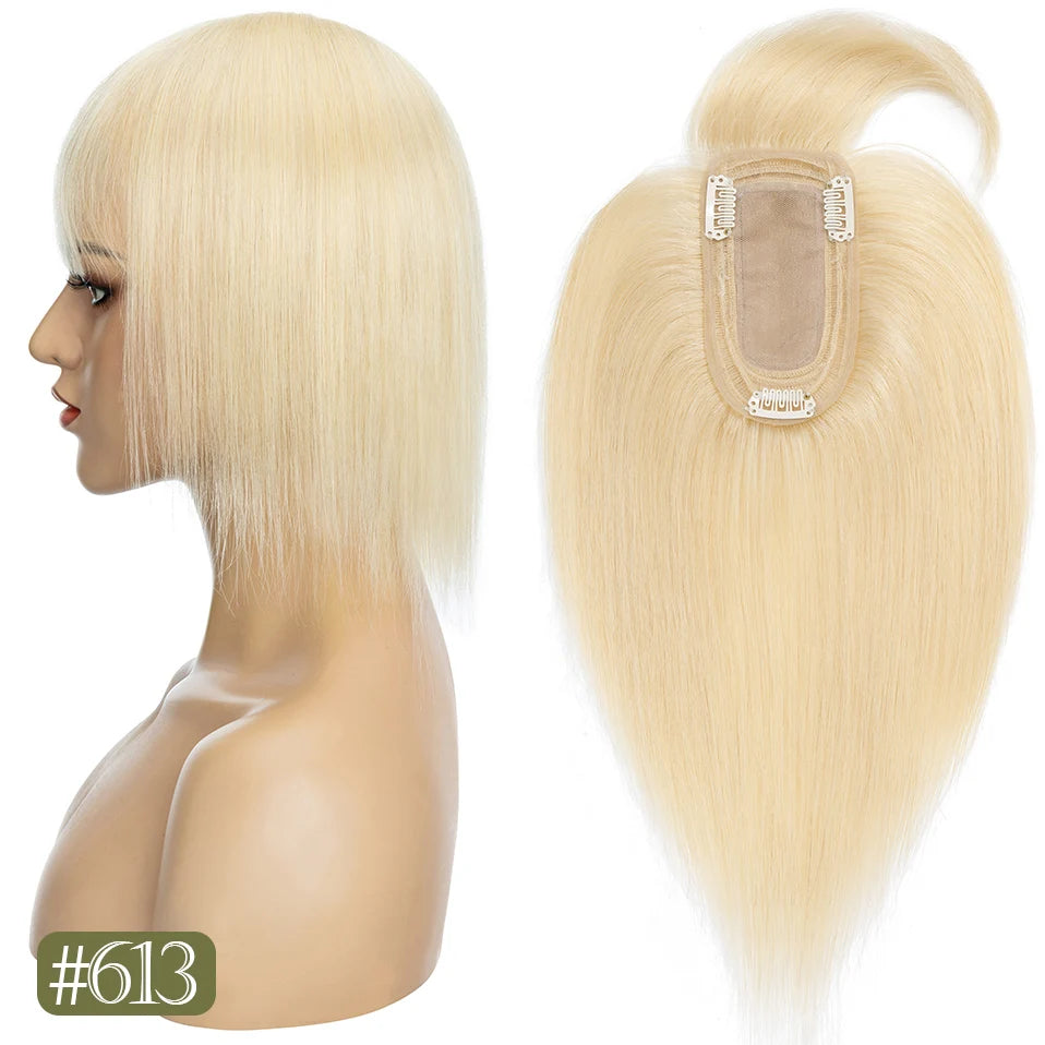 TESS Women Topper 7x12.5cm Hair Toppers With Bangs Natural Hair Wig Human Hair Silk Base Center Part Hair Clip In Hair Extension