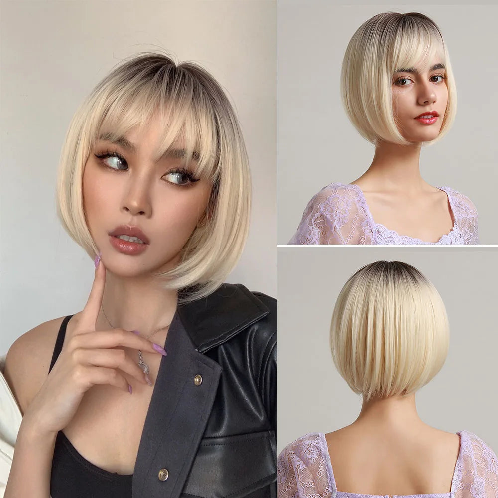 HENRY MARGU Ombre White Blonde Bob Synthetic Wig Short Straight with Bangs Natural Hair Wig for Women Cosplay Wig Heat Resistant