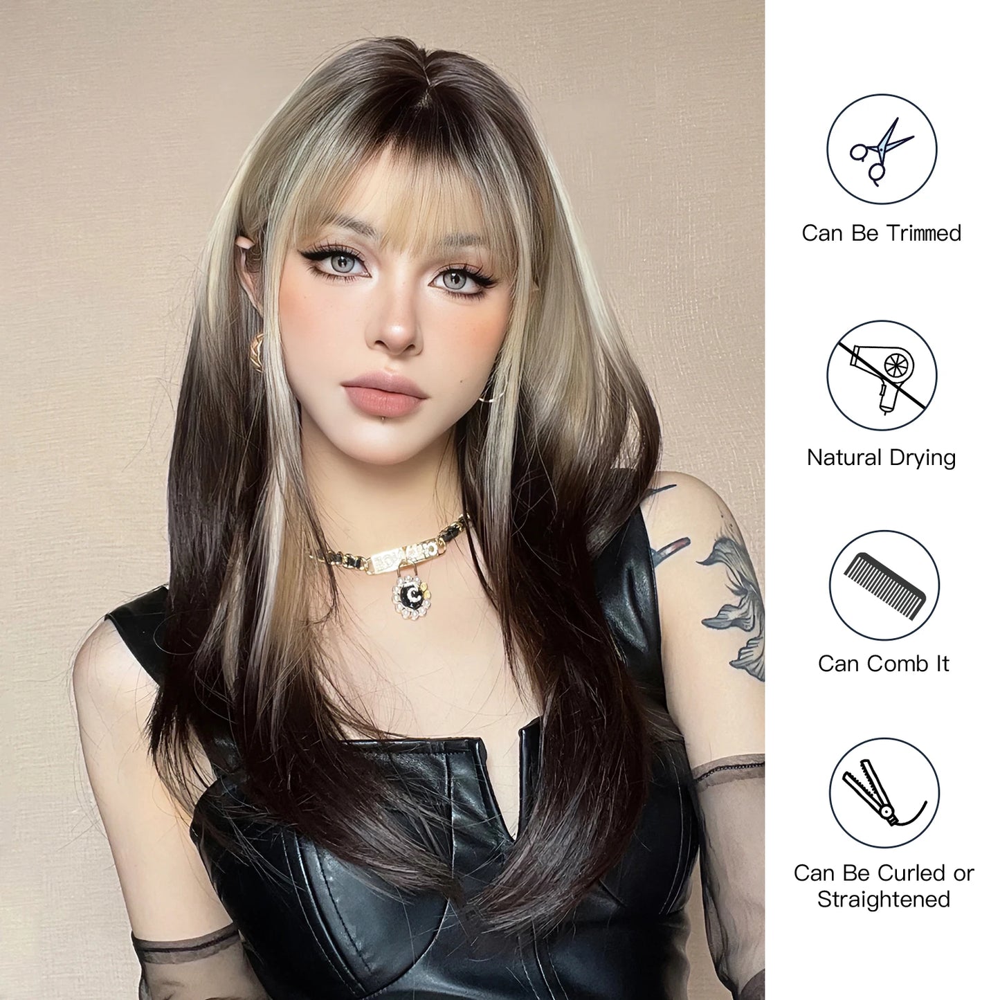 Long Brown Blonde Straight Synthetic Wig with Bangs Brown Ombre Cosplay Layered Wigs for Women Party Heat Resistant Natural Hair
