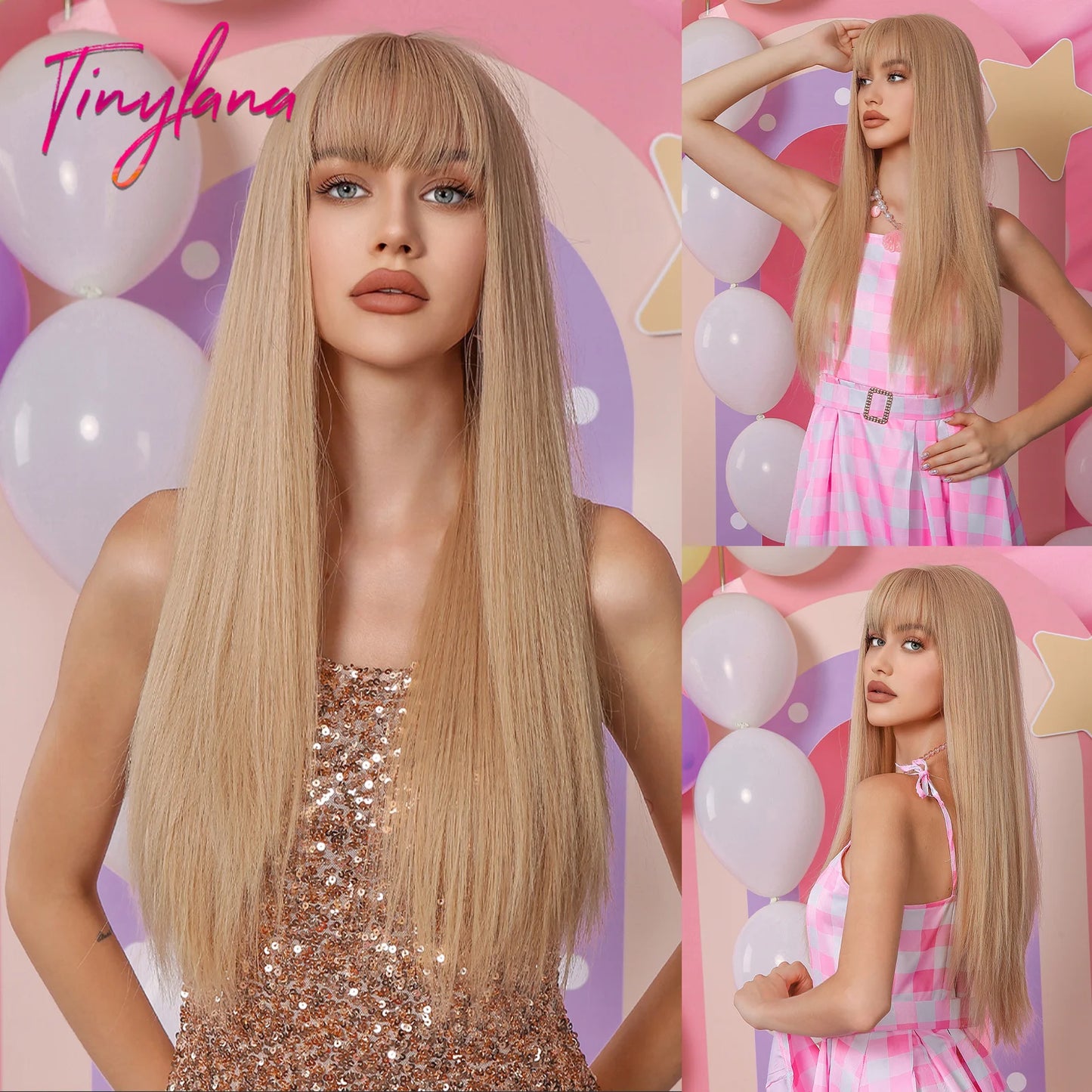 Light Pink Cosplay Long Straight Synthetic Wigs with Bangs Halloween Lolita Colorful Wig for Women Afro Natural Heat Resistant