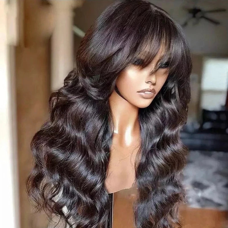 Body Wave Human Hair Wigs with Bangs 3X1 Middle Part Lace Wig Pre Plucked Body Wave Glueless Wig Machine Made Wigs For Women