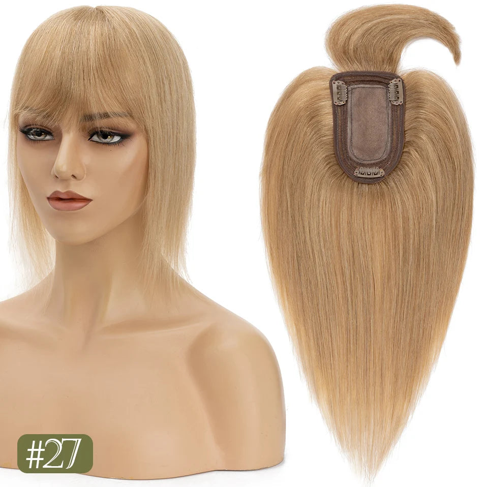 TESS Women Topper 7x12.5cm Hair Toppers With Bangs Natural Hair Wig Human Hair Silk Base Center Part Hair Clip In Hair Extension