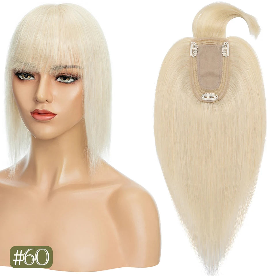 TESS Women Topper 7x12.5cm Hair Toppers With Bangs Natural Hair Wig Human Hair Silk Base Center Part Hair Clip In Hair Extension