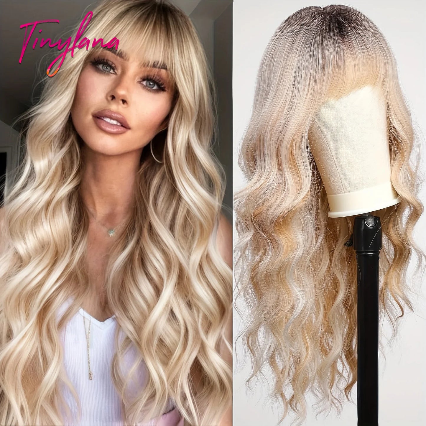 Long Curly White Platinum Synthetic Wigs with Bangs for Women Afro Cosplay Lolita Wavy Wig Natural Hair Heat Reisitant Daily Use