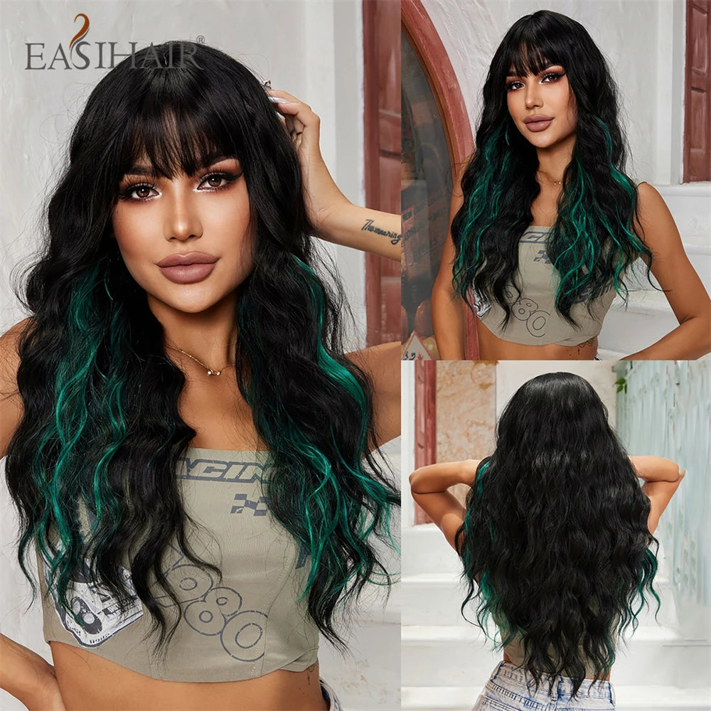 Dark Brown Synthetic Wigs with Bangs Long Curly Wavy Brown Wigs with Blonde Highlights for Afro Women Daily Party Heat Resistant