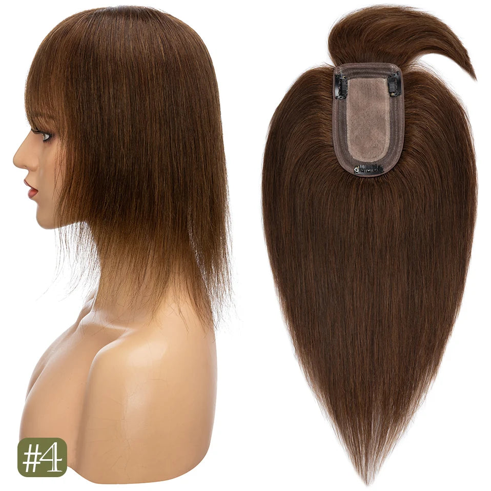 TESS Women Topper 7x12.5cm Hair Toppers With Bangs Natural Hair Wig Human Hair Silk Base Center Part Hair Clip In Hair Extension