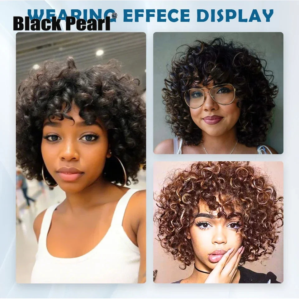 Brazilian Afro Puff Pixie Bob Wig 99J Natural Brown Full Machine Made Pre-Plucked Bangs 100% Human Hair For Black Women